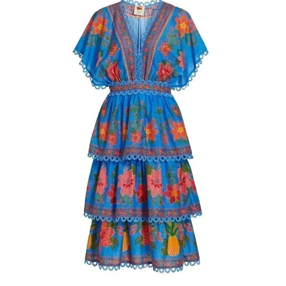 NWT Farm Rio Tropical Tapestry Blue Lace Layered Midi Summer Dress Size XS - Picture 2 of 11